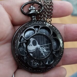Nightmare Before Christmas Gothic Blk Pocket Watch w/ Chain Halloween Collectibl